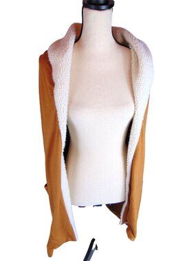 New Direction Women's Open Jacket*Cardigan* Large*Tan shell *Faux Fur Lining EUC